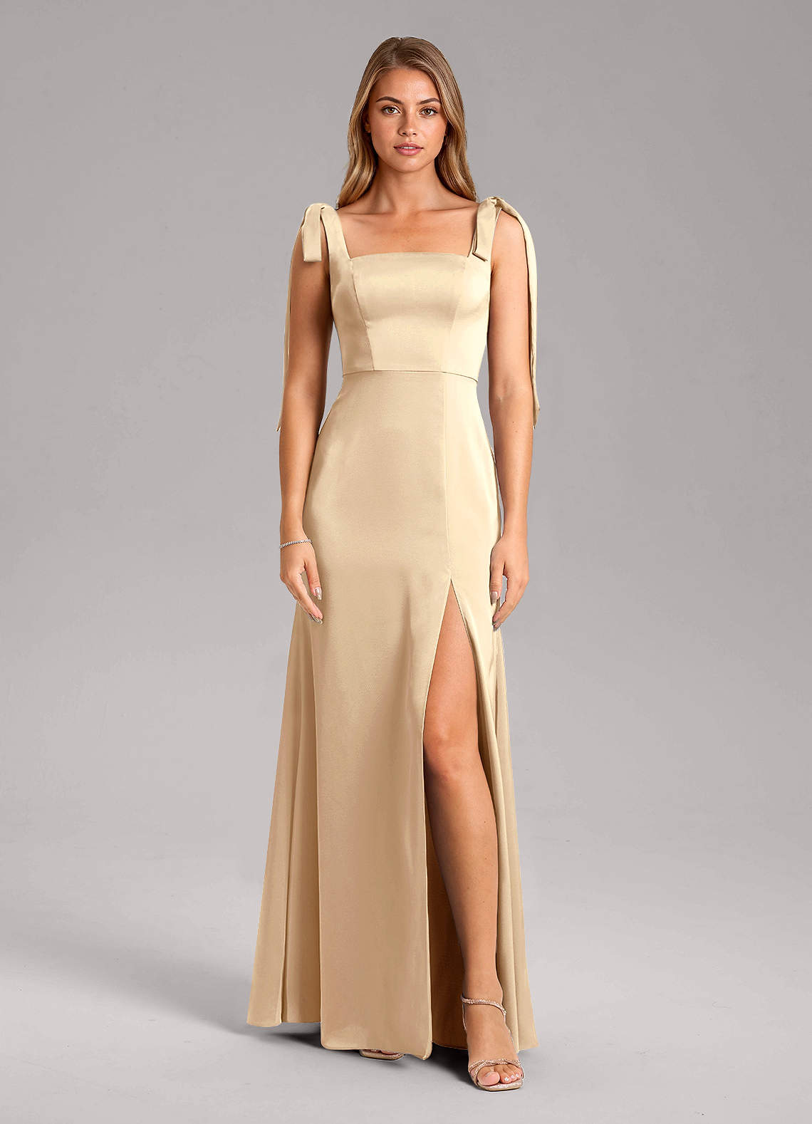 Azazie Plus Size A-Line Square Neck Floor-Length Stretch Satin Bridesmaid Dresses - champagne