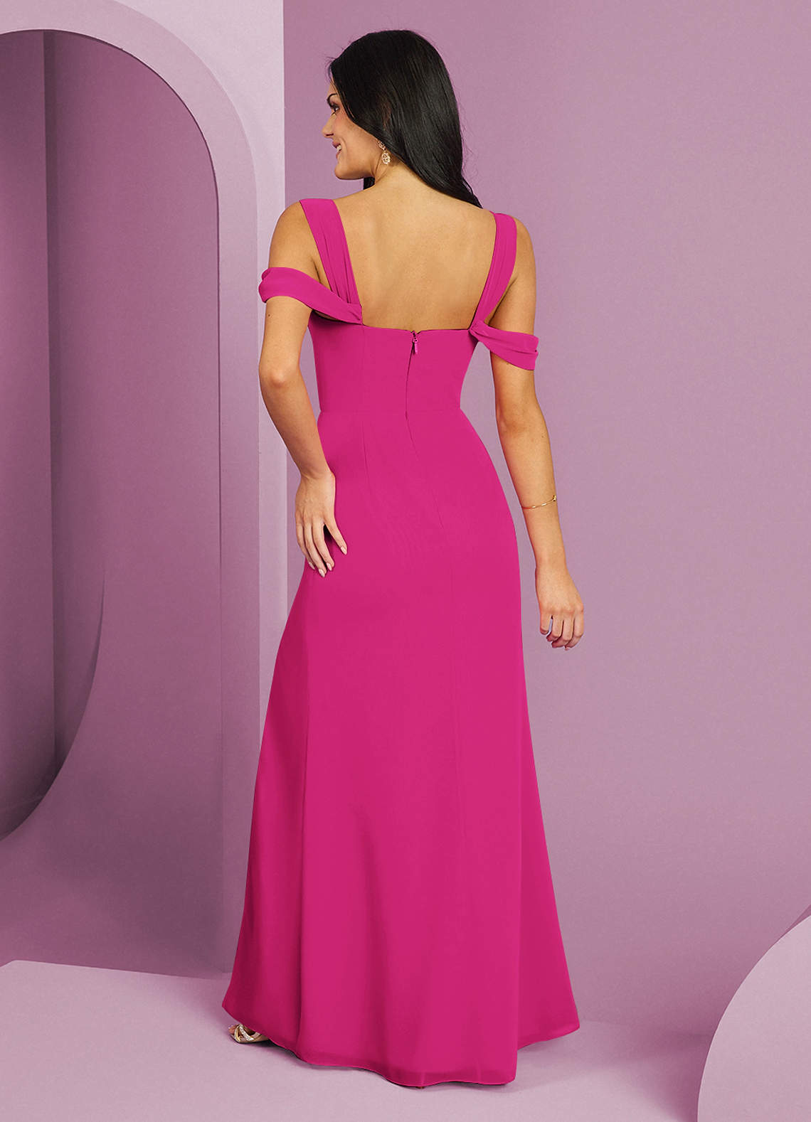 Barbie ♥ Azazie Essayer des robes à la maison Robe Trapèze en Mousseline de soie Épaule décolletée Vert Sauge image5