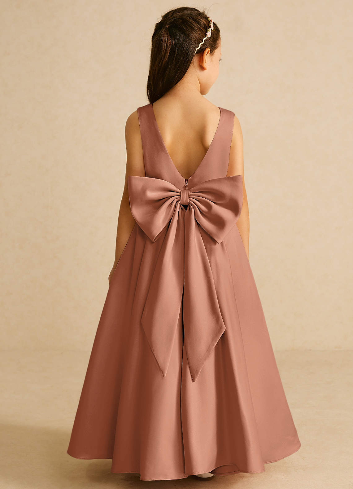 Azazie Pipsy Flower Girl Dresses Bronzer A-Line Bow Matte Satin Dress image1