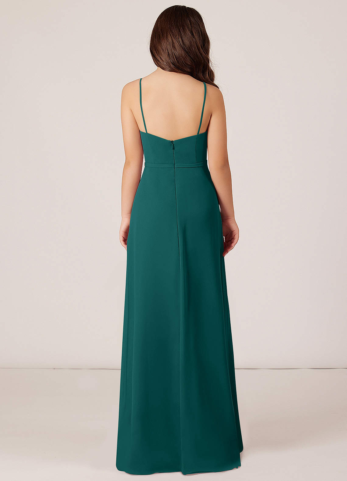 Azazie Kaylee Junior Abito A-Line in Chiffon Con Cintura Verde Pavone image1