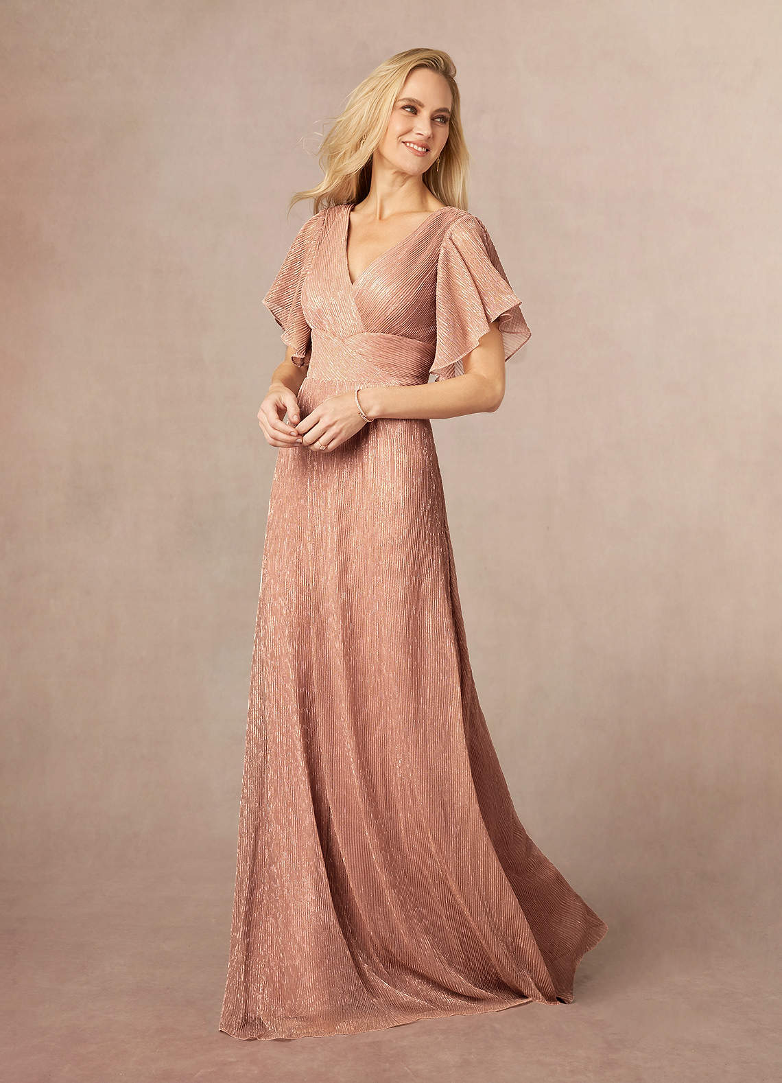 Azazie Kathryn Mother of the Bride Dresses Rose Gold A-Line V-Neck Flutter Sleeve Metallic Mesh Dress image1