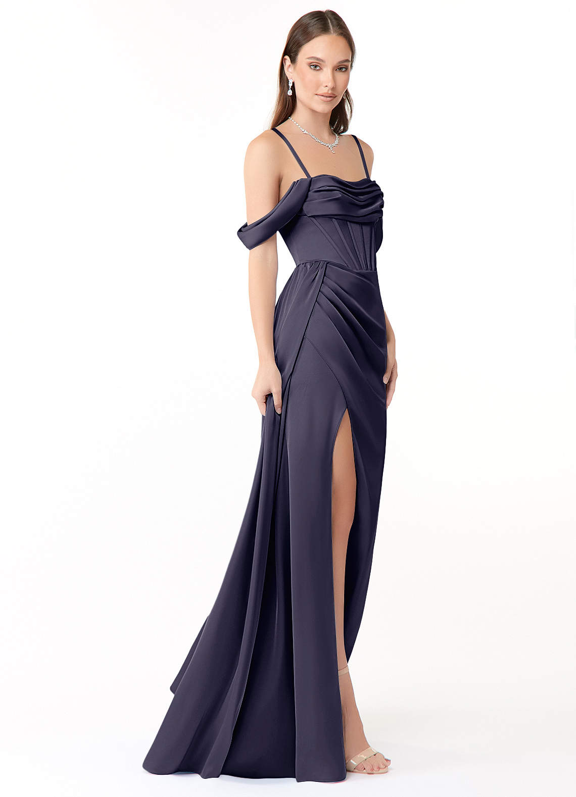 Azazie Amyra Bridesmaid Dresses Stormy Mermaid Off the Shoulder Stretch Satin Convertible Dress image6