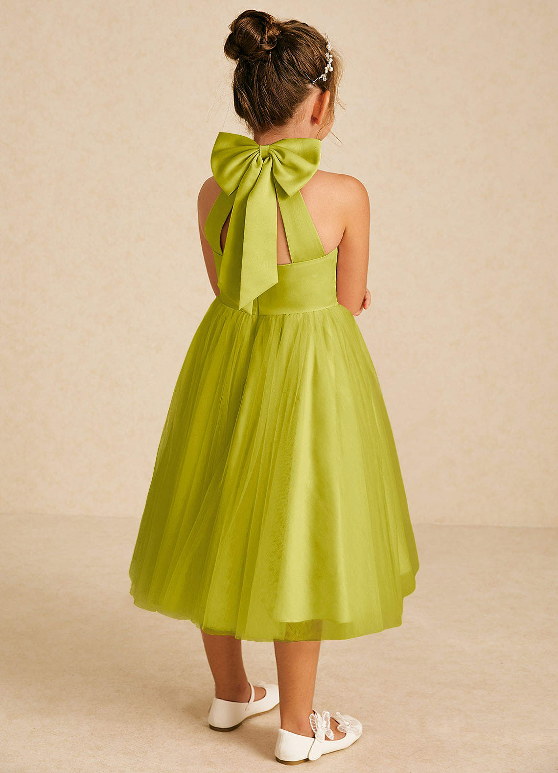 dora a line dress Azazie A-Line Halter Neck Tea-Length Tulle Flower Girl Dresses Lemongrass