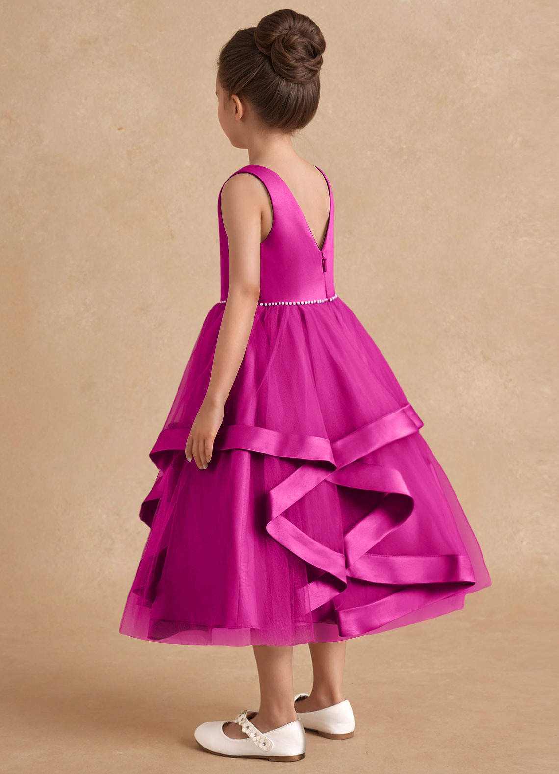 Azazie Posy Blumenmädchenkleider A-Linie Mit Perlen Tüll Kleid Fuchsia image1