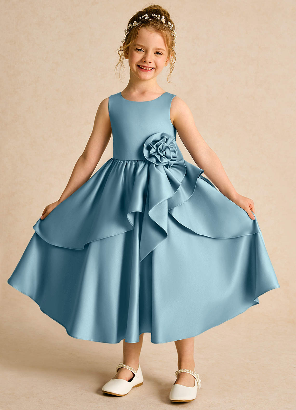 Azazie Hermia Flower Girl Dresses Moody Blue A-Line Sleeveless Matte Satin Dress image1