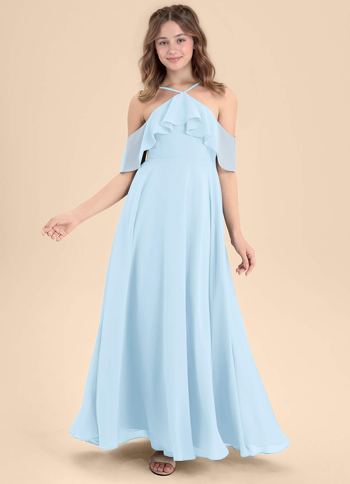 Azazie Tessabelle Junior Vestido de Azul Cielo de Gasa de Corte en A con Vestidos sin tirantes image5