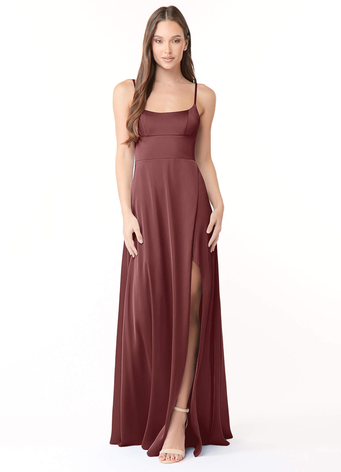 Azazie Halsey Vestidos de damas de honor Vestido de Acai de Satén Elástico de Recto con Corte Lateral image1