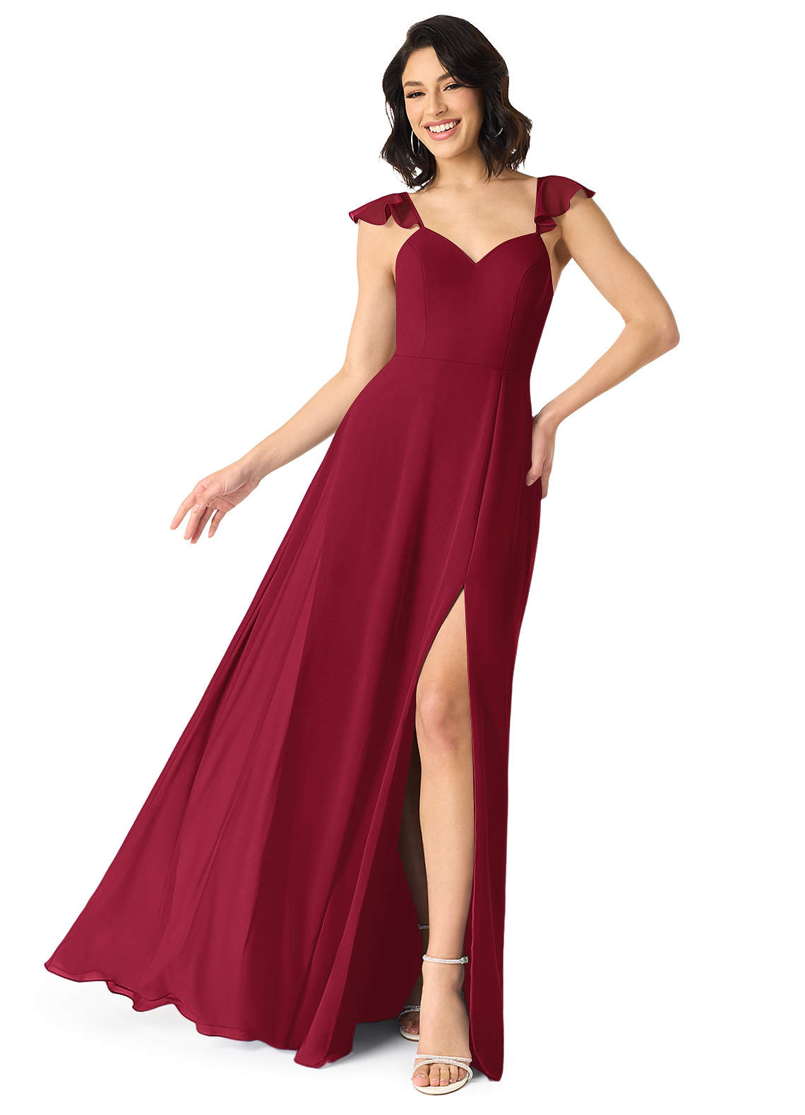 Azazie Everett Bridesmaid Dresses Burgundy A-Line V-neck Ruched Chiffon Dress image1