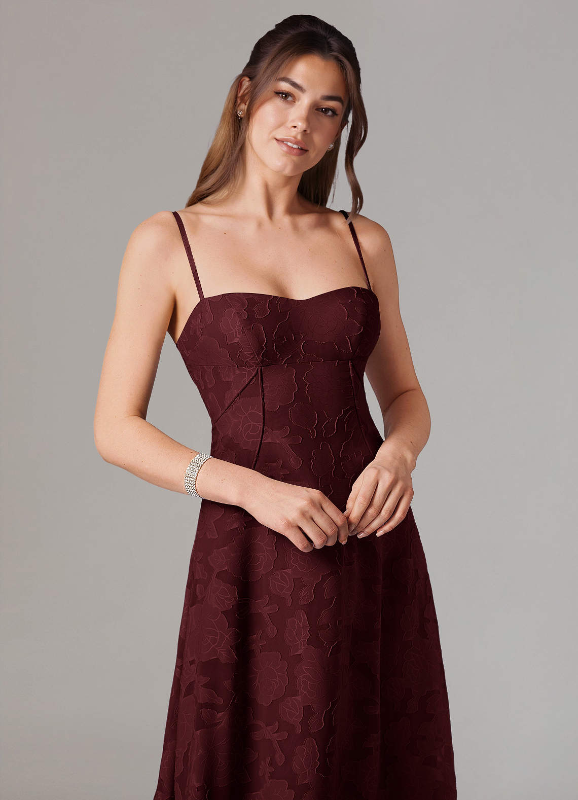 Azazie Valentine At-home Try On Dresses Agave A-Line Sweetheart Neckline Floral Burnout Dress image1
