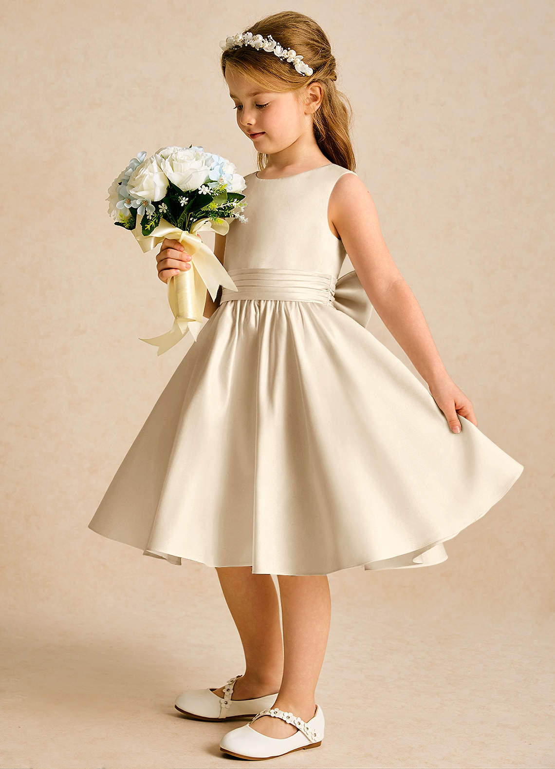 Azazie Sosie Flower Girl Dresses Champagne Champagne A-Line Pleated Matte Satin Dress image2