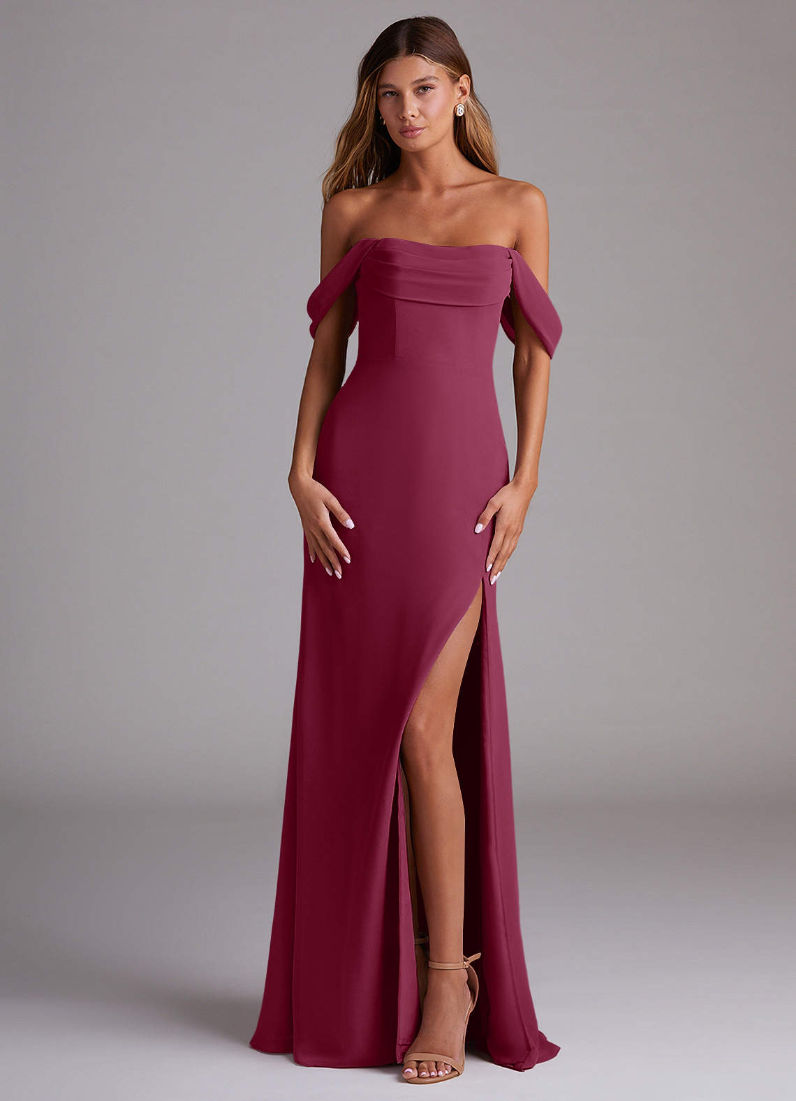 Azazie Saige Bridesmaid Dresses Mulberry A-Line Off the Shoulder Chiffon Convertible Dress image1