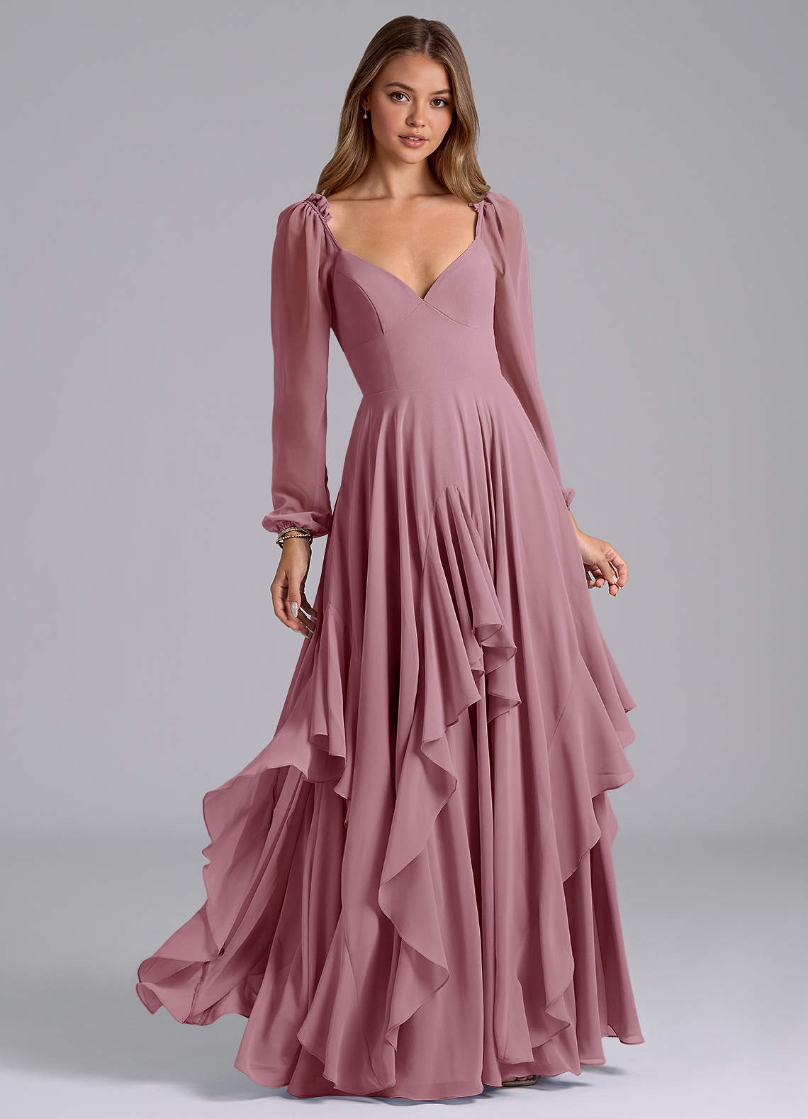 Azazie Karan Bridesmaid Dresses Vintage Mauve A-Line Long Sleeve Chiffon Dress image1