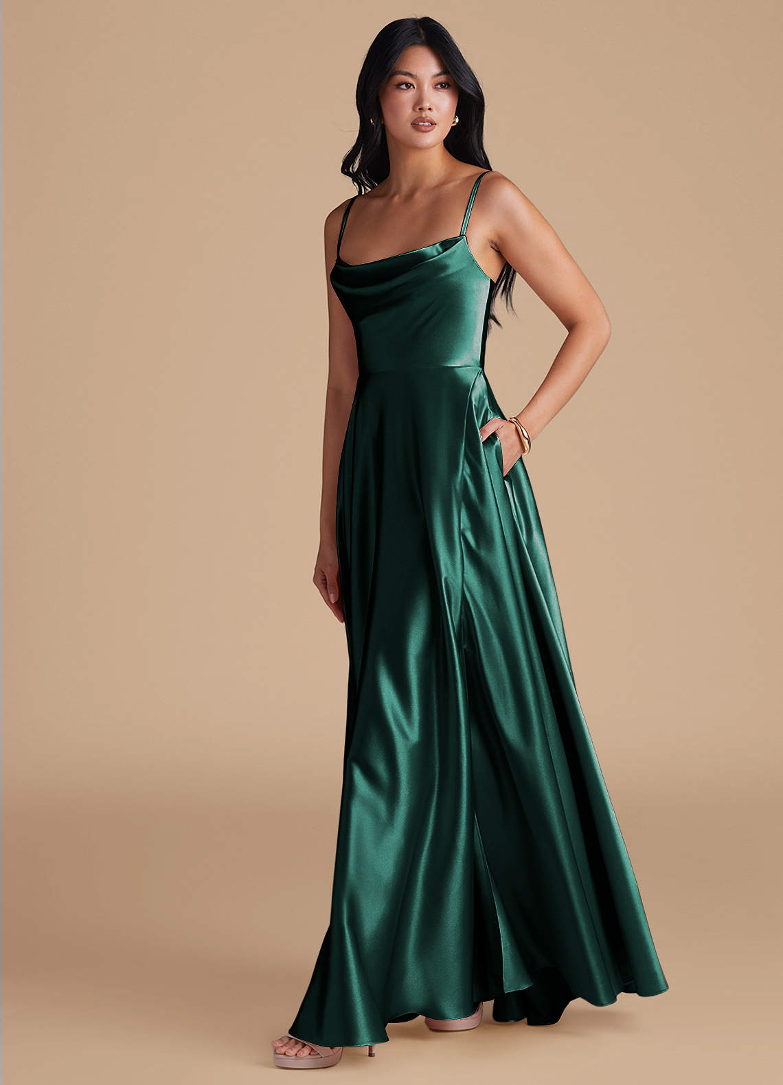 Elle Forest Green A-Line with Pockets Maxi Satin Dress