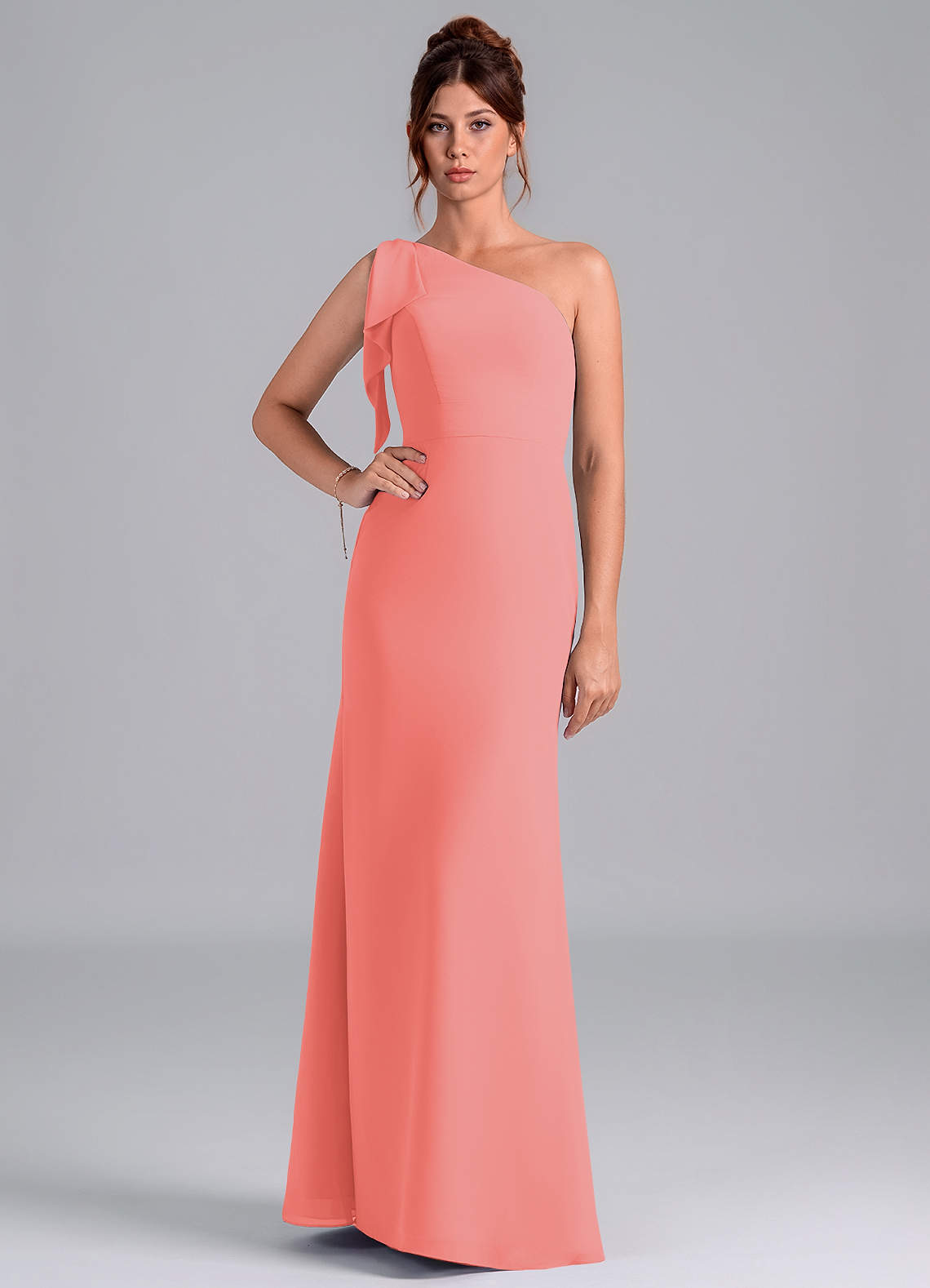 Azazie Rinna Bridesmaid Dresses Coral Mermaid One Shoulder Chiffon Dress image1