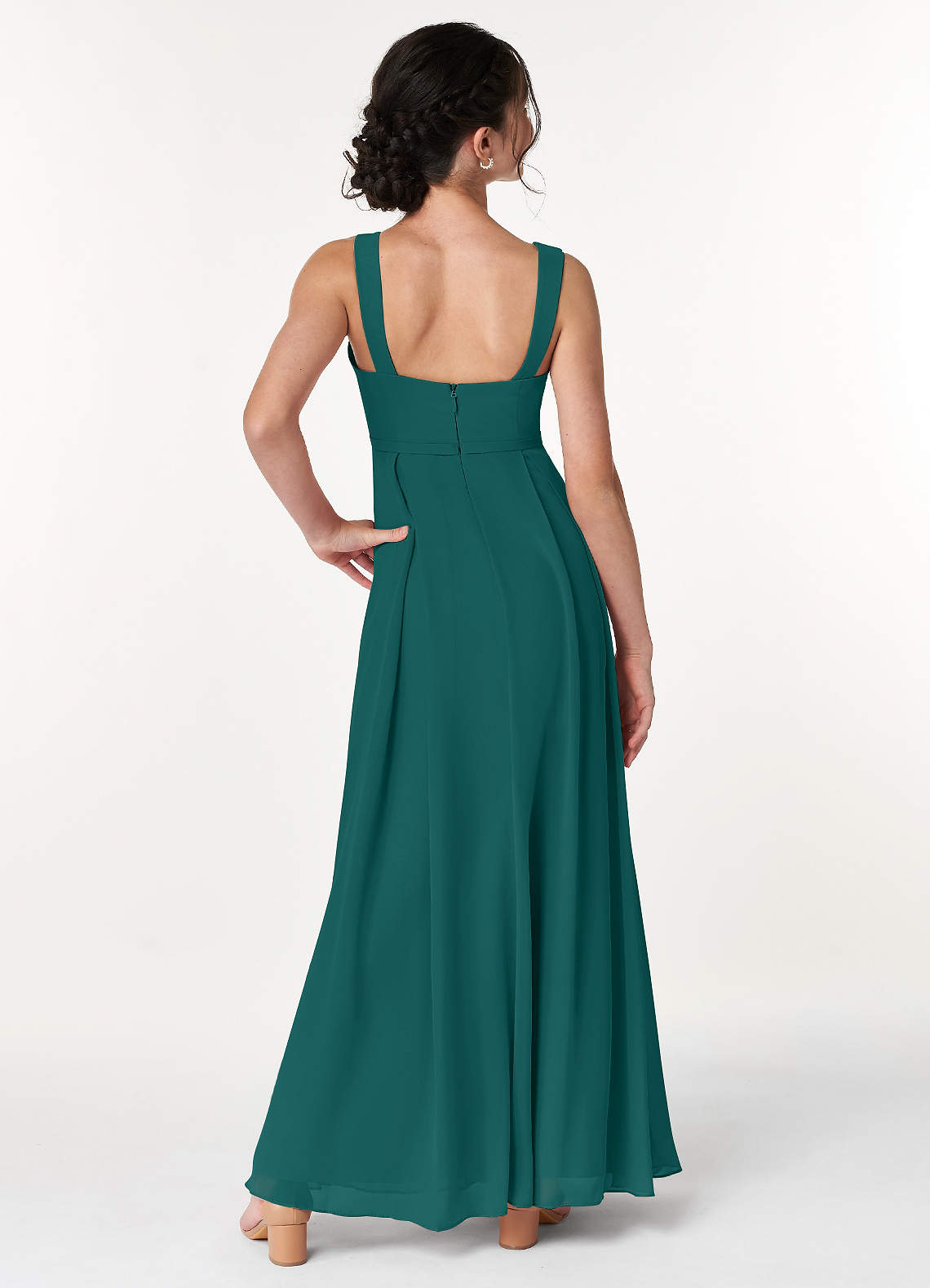 Azazie Simoan Junior Abito A-Line in Chiffon Scollo a Cuore Verde Pavone image1