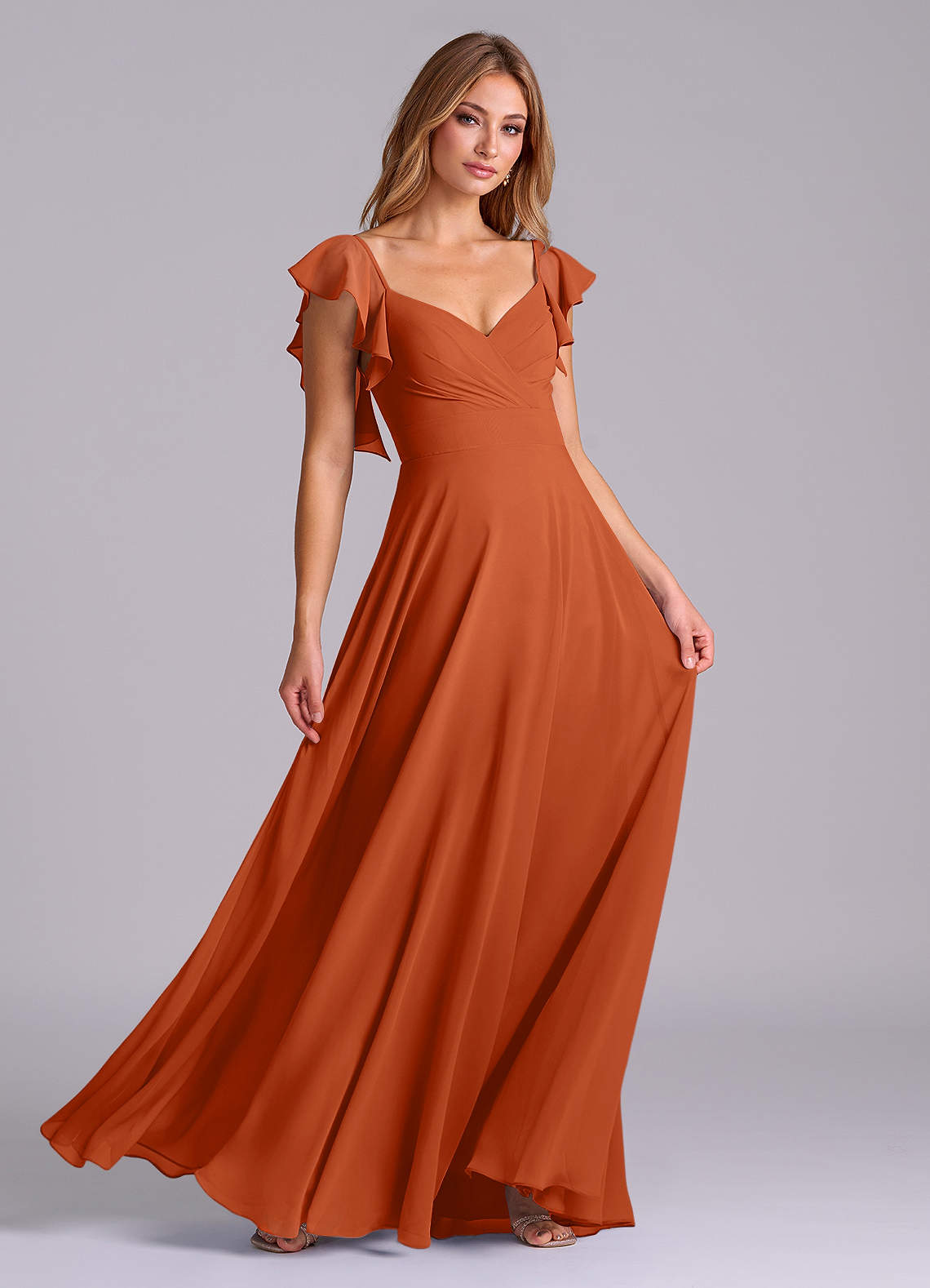 Azazie Leilani Bridesmaid Dresses Burnt Orange A-Line Pleated Chiffon Dress image2