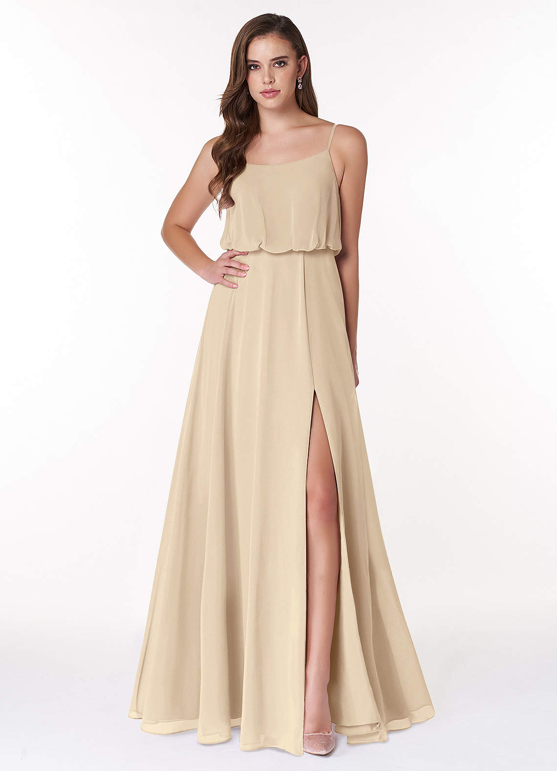 Azazie Lupe Bridesmaid Dresses Champagne A-Line Scoop Blouson Chiffon Dress image1