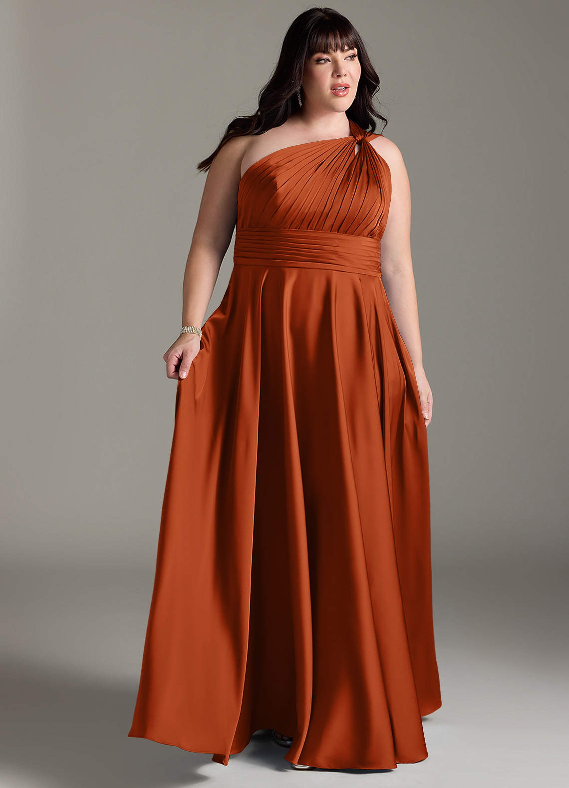 Azazie Charlize Bridesmaid Dresses Burnt Orange A-Line One Shoulder Stretch Satin Dress image10