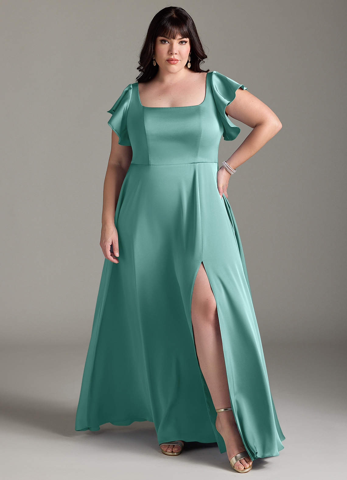 Azazie Bondi Bridesmaid Dresses Aqua A-Line Bow Stretch Satin Dress image1