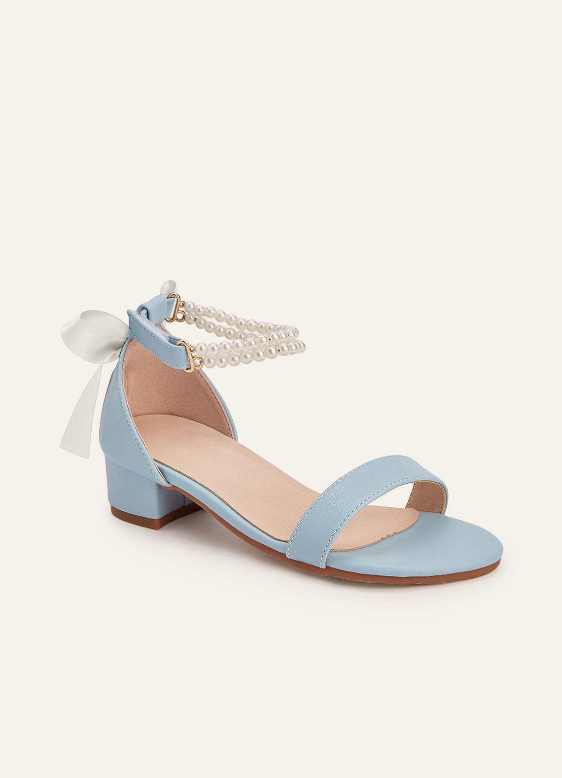 front Pearl and Bow Open Toe Girl's Block Heels for Toddler Little Big Kid