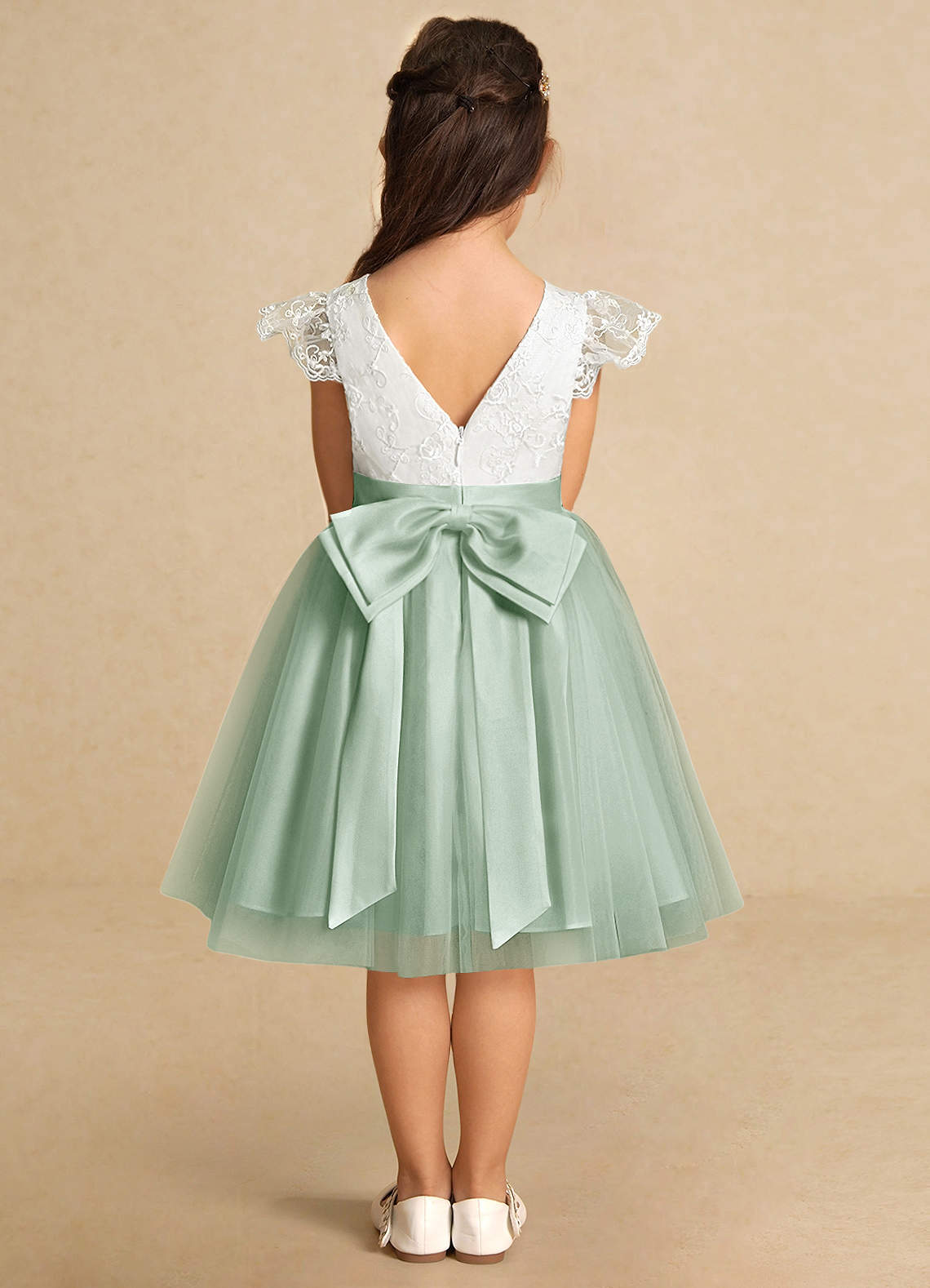 Azazie Vetty Flower Girl Dresses Ivory Agave A-Line Lace Tulle Dress image6
