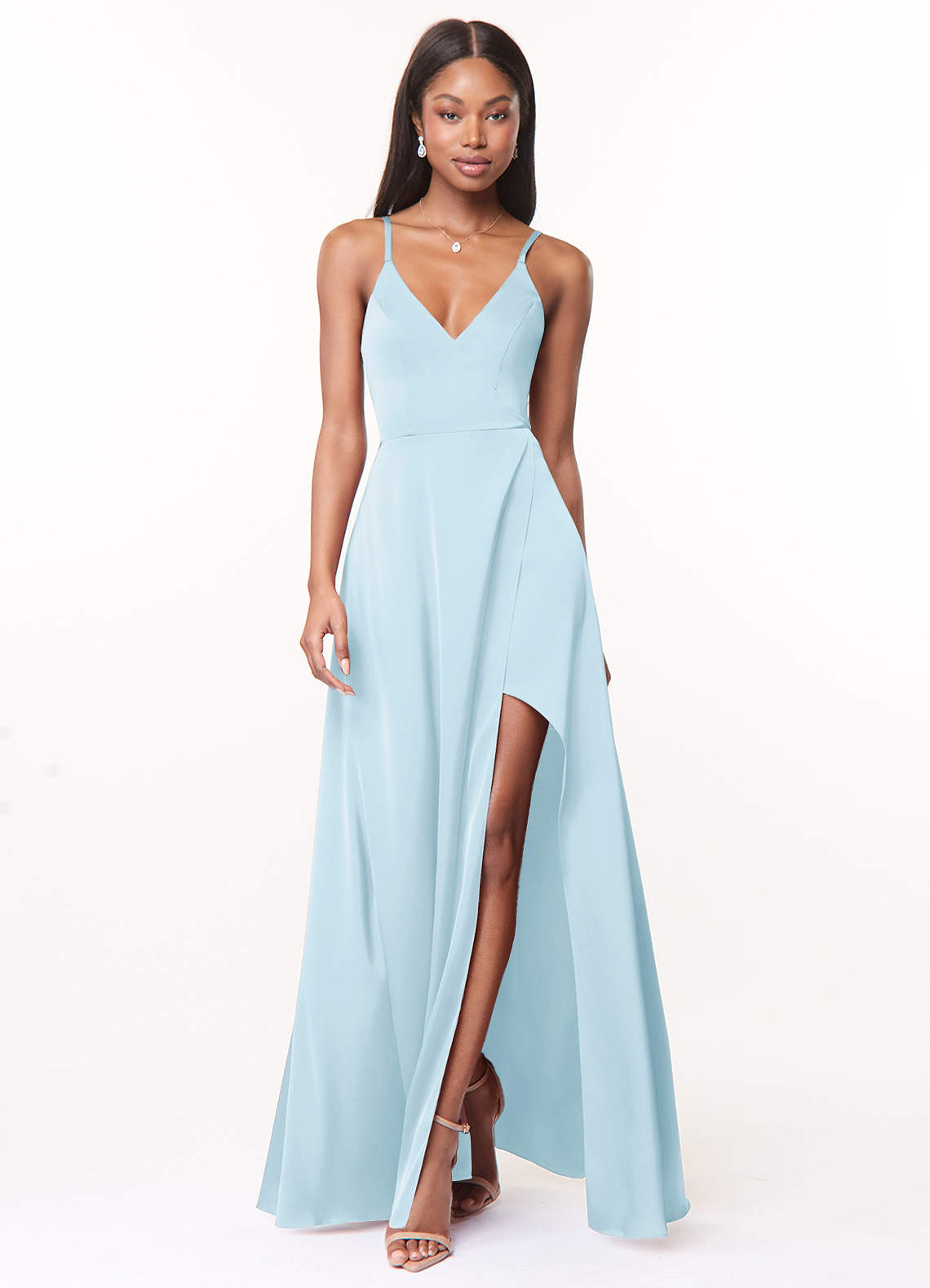 Azazie Maksim Bridesmaid Dresses Sky Blue A-Line V-Neck Stretch Satin Dress image1