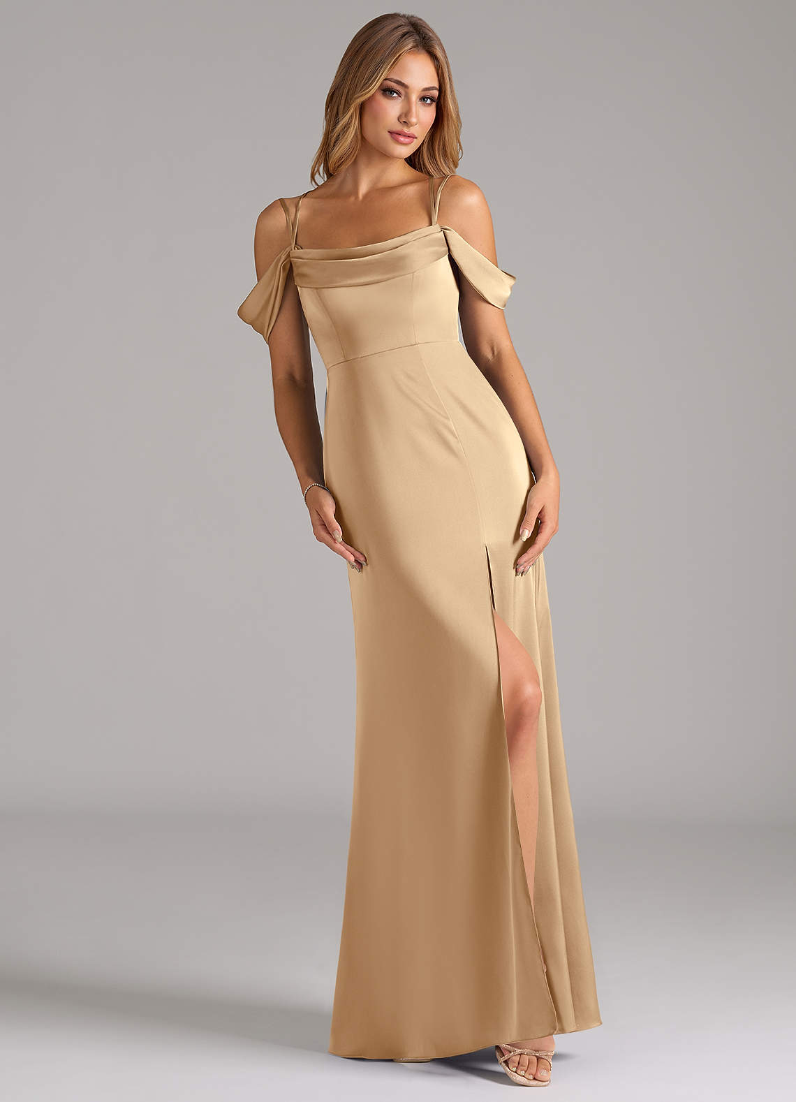 Azazie Callan Bridesmaid Dresses Champagne A-Line Pleated Stretch Satin Convertible Dress image1