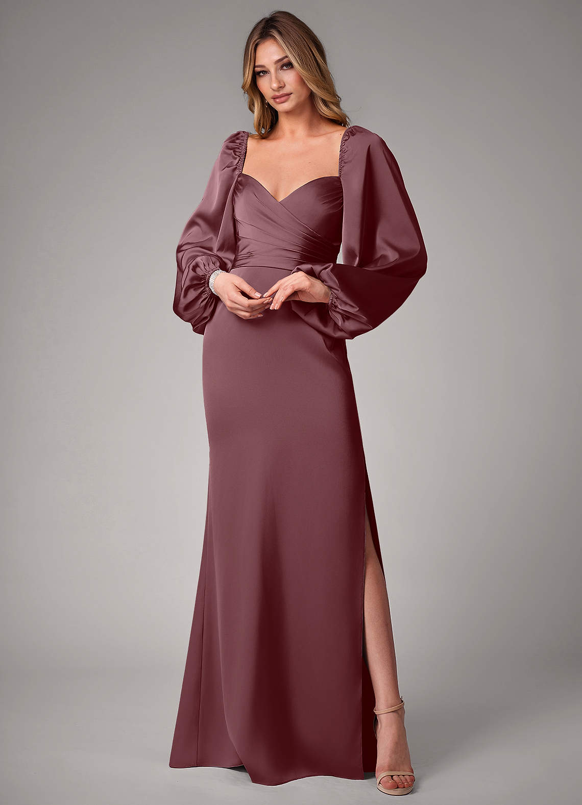 Azazie Sonata Bridesmaid Dresses Sangria Sheath Long Sleeve Stretch Satin Convertible Dress image1