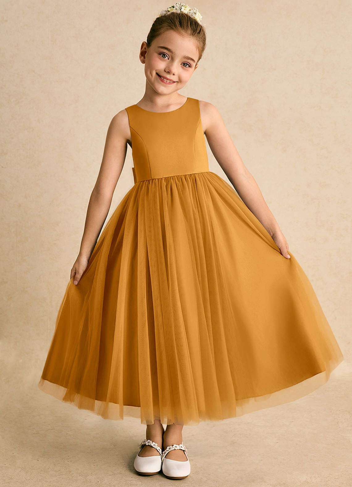 Azazie Solia Robe Demoiselle D'honneur Fillette Robe Princesse en Tulle Arc Caramel écossais image4