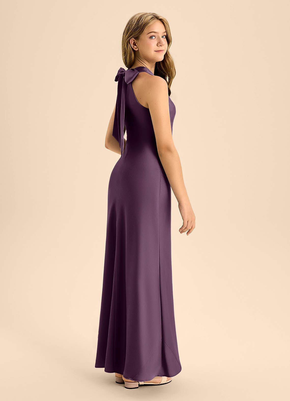 Azazie Doretta Junior Plum A-Line Pleated Stretch Satin Dress image1