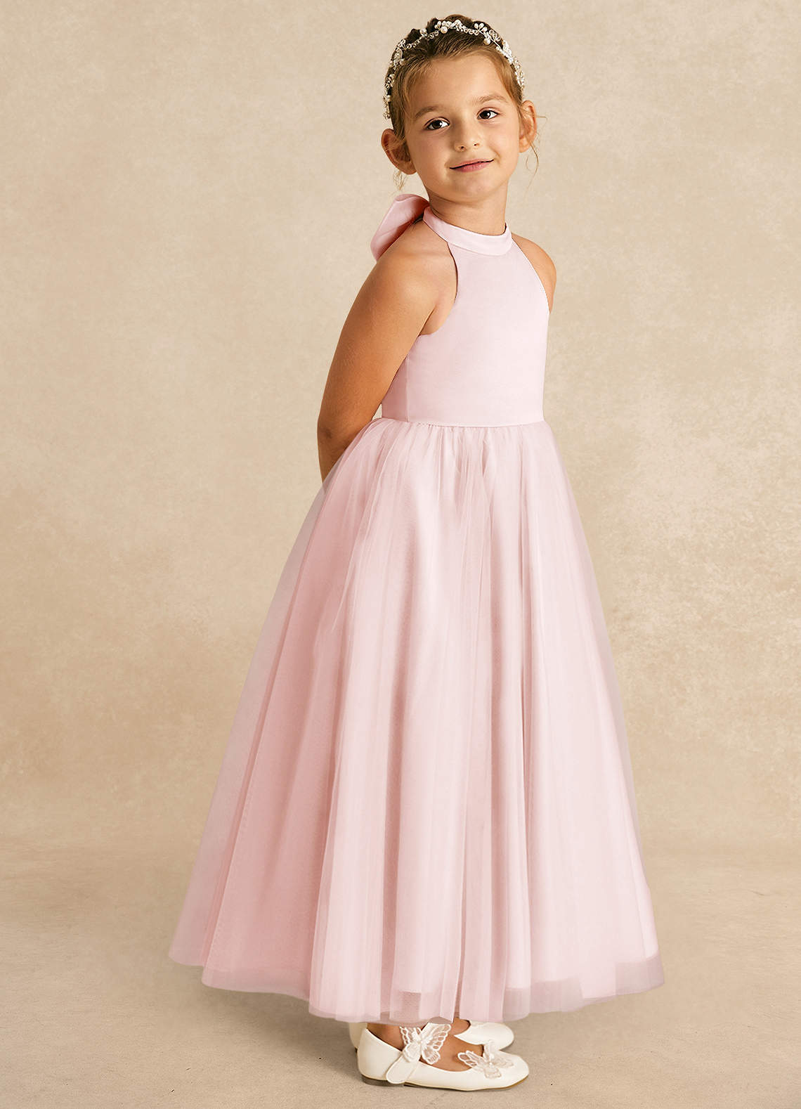 Azazie Bev Flower Girl Dresses Blushing Pink A-Line Convertible Tulle Dress image7