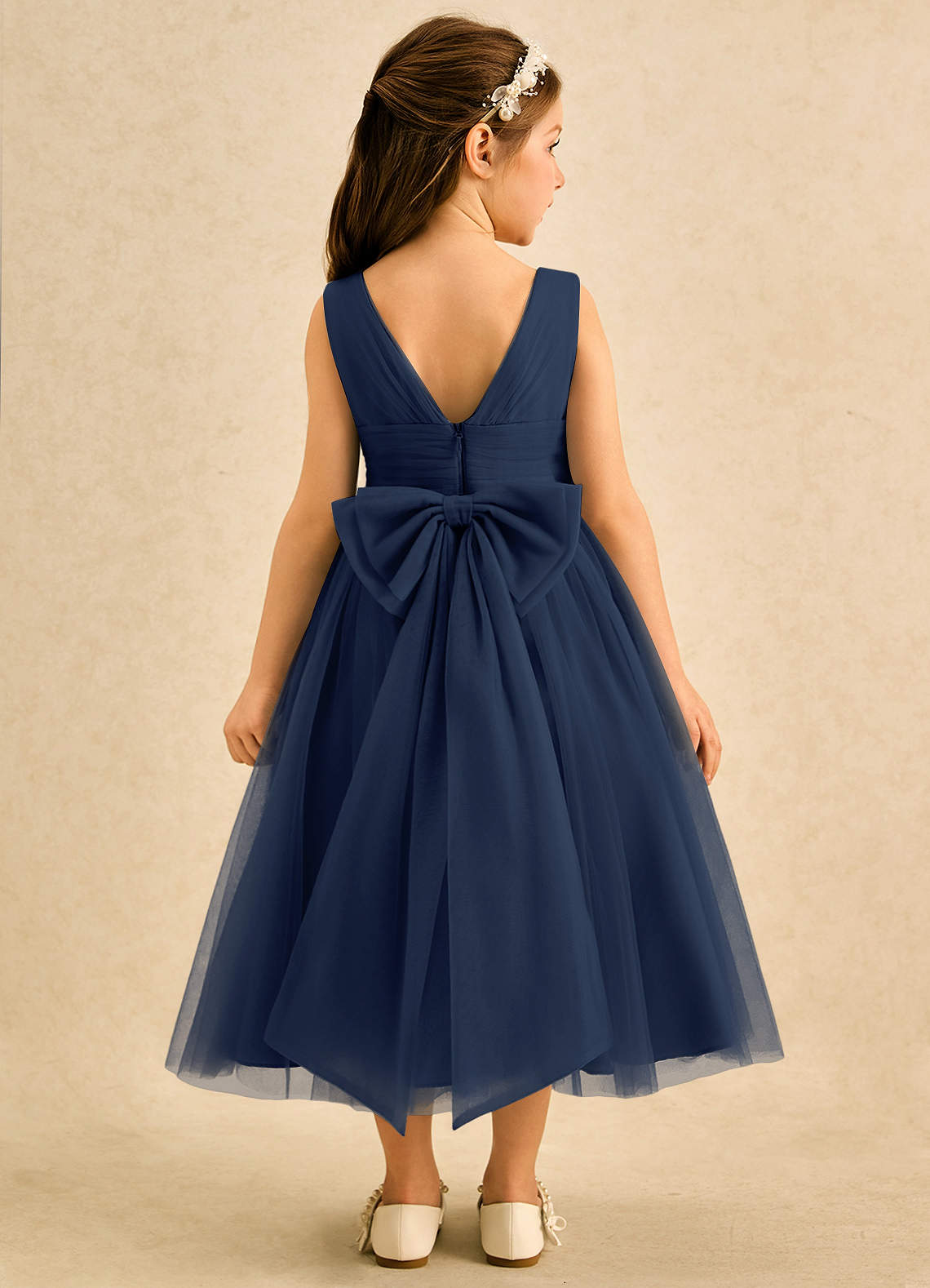 Azazie Macaron Blomsterpigekjoler A-Line Plisseret Tulle Te-længde Kjole image1