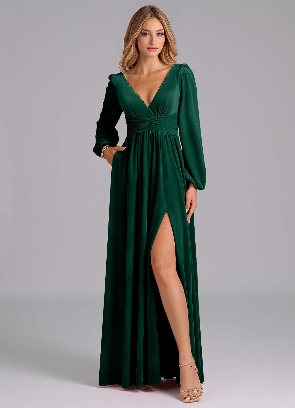 Azazie Norah Bridesmaid Dresses Emerald A-Line Long Sleeve Velvet Dress image2