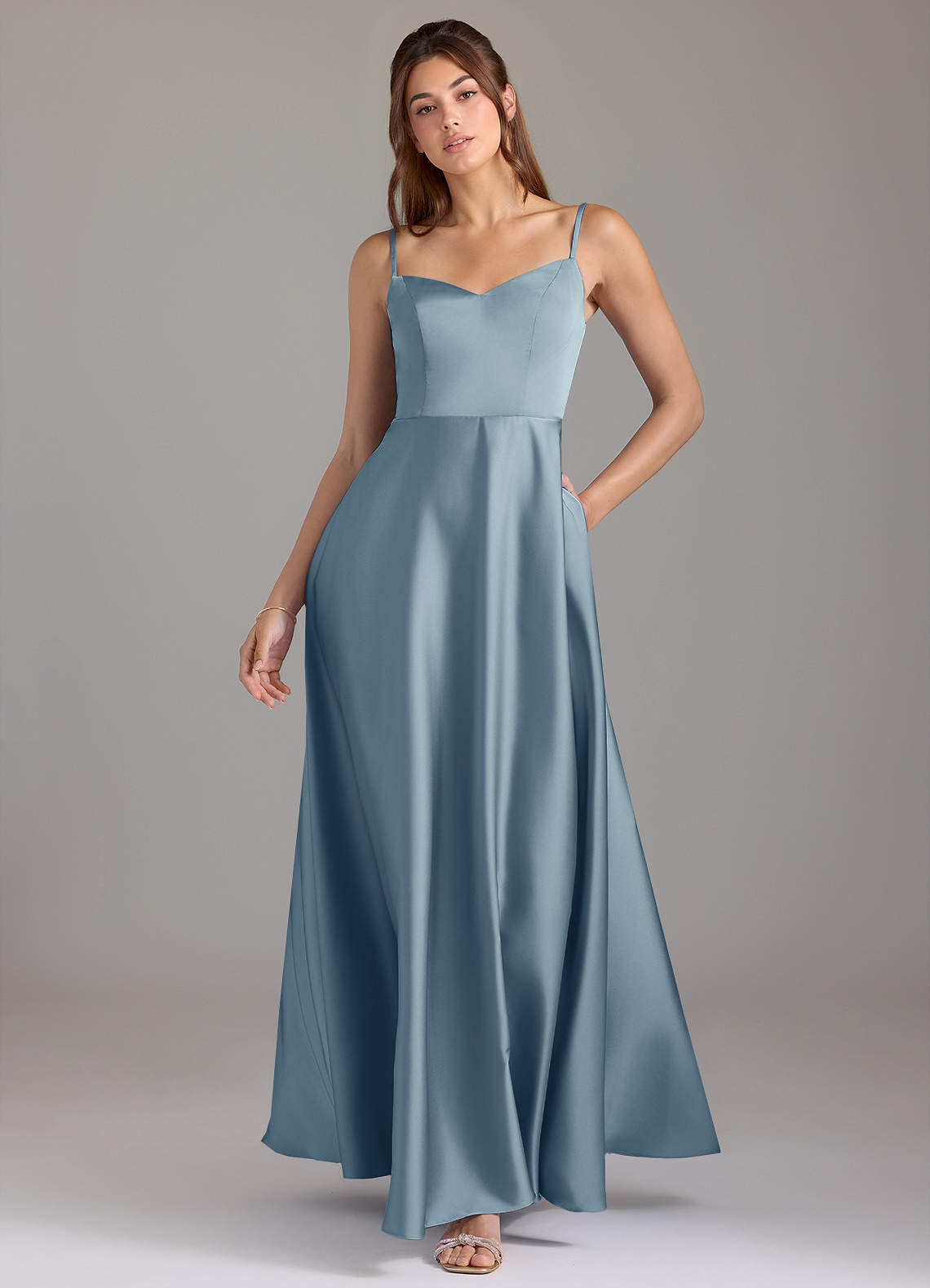 Azazie Marley Bridesmaid Dresses Dusty Blue A-Line Off the Shoulder Stretch Satin Convertible Dress image1