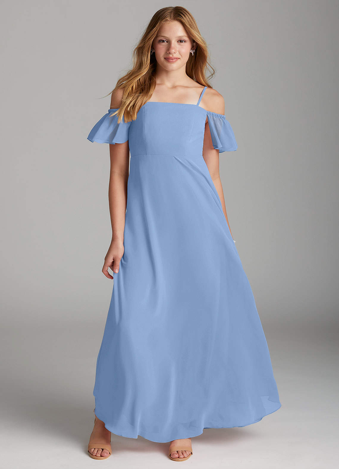 Azazie Sue Junior Jurk van Chiffon met A-Lijn Off the Shoulder Staal Blauw image1