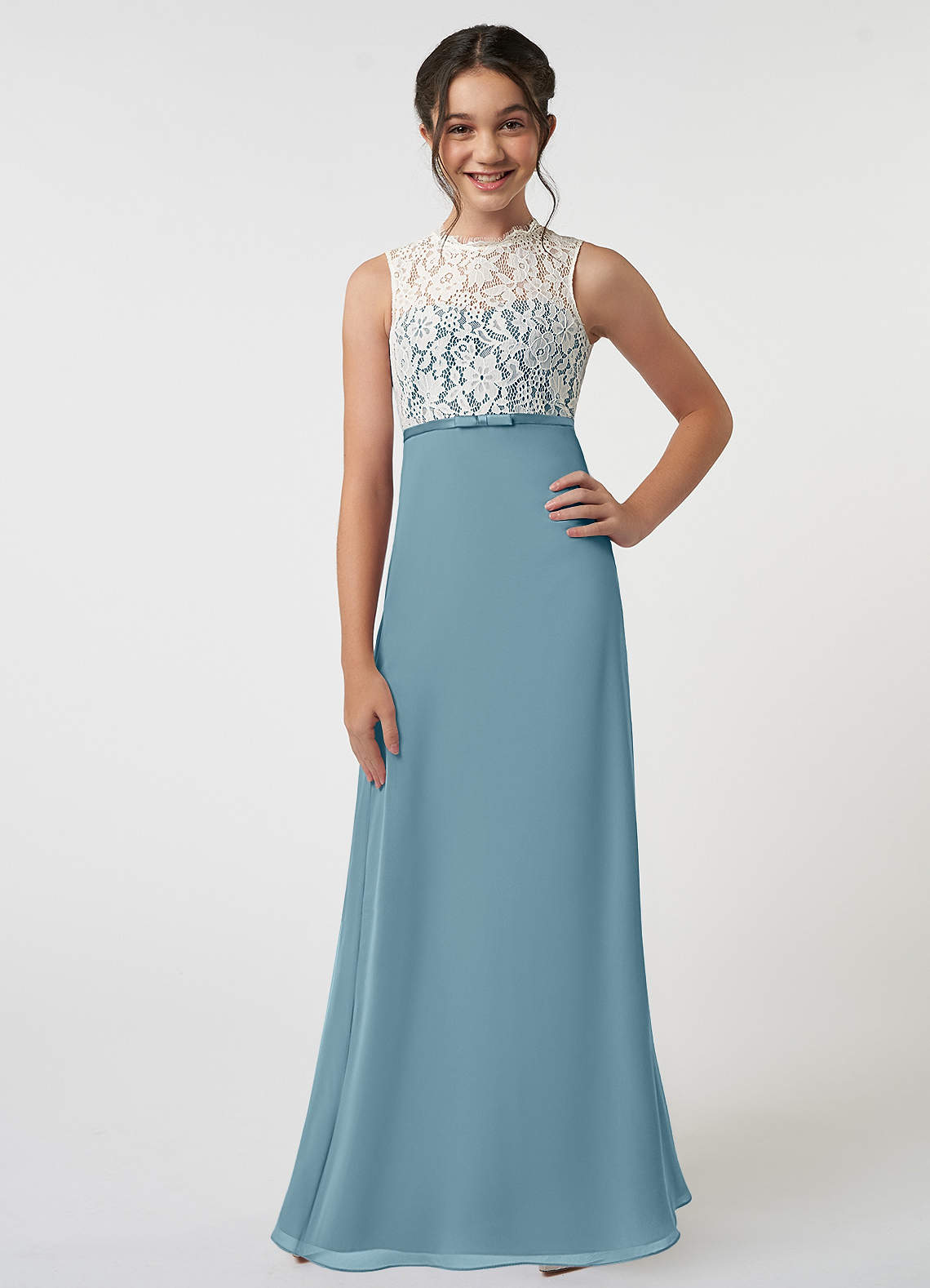 Azazie Rana Junior A-Linie Spitze Chiffon Kleid Stimmungsvolles Blau image1