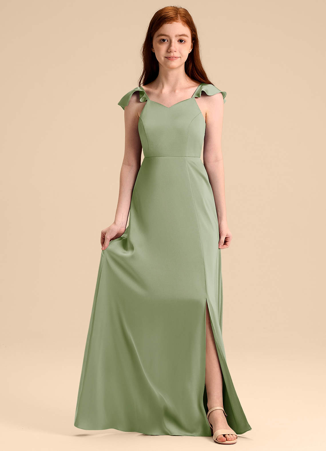 Azazie Everett Junior Jurk van Stretch Satijn met A-Lijn Boog Stoffige Salie image1