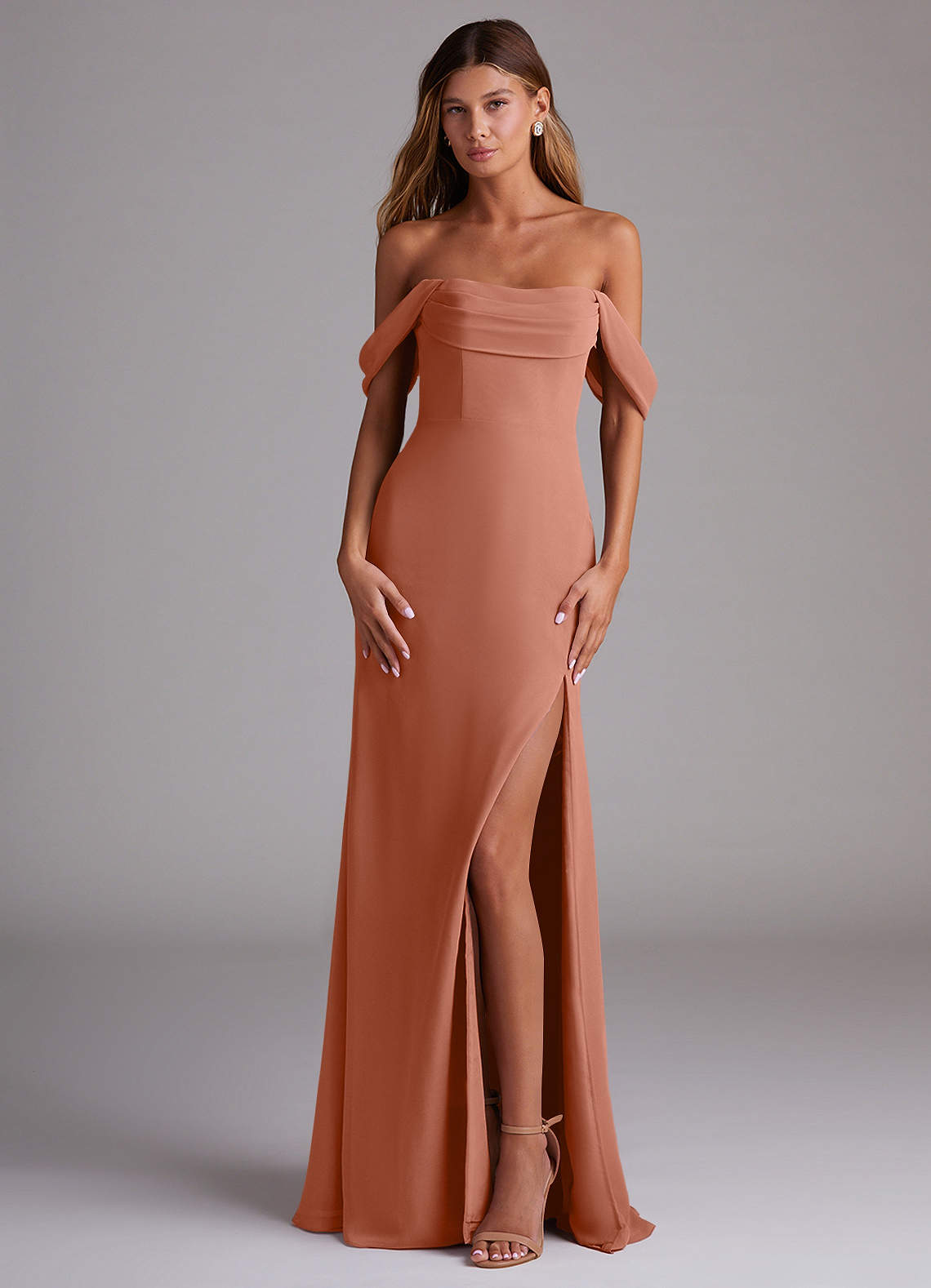 Azazie Saige Bridesmaid Dresses MAI TAI A-Line Off the Shoulder Chiffon Convertible Dress image1