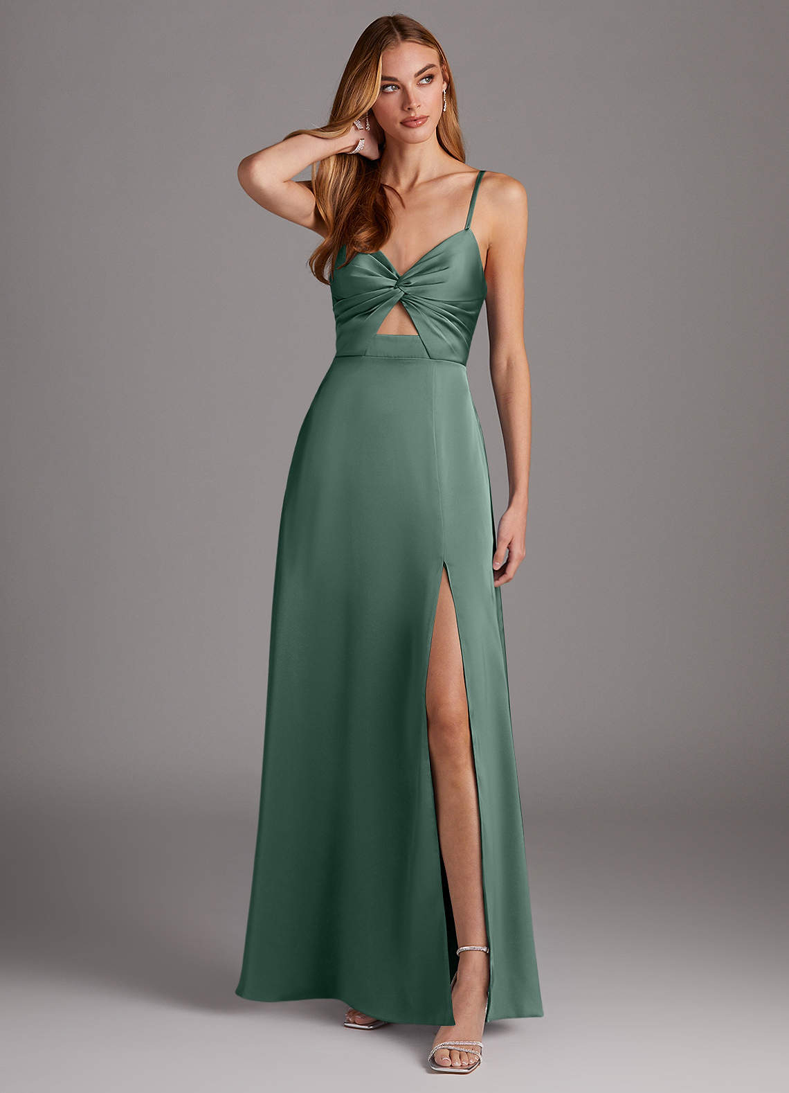 Azazie Jenna Vestidos de damas de honor Vestido de Eucalipto de Satén Elástico de Corte en A con Plisado image1