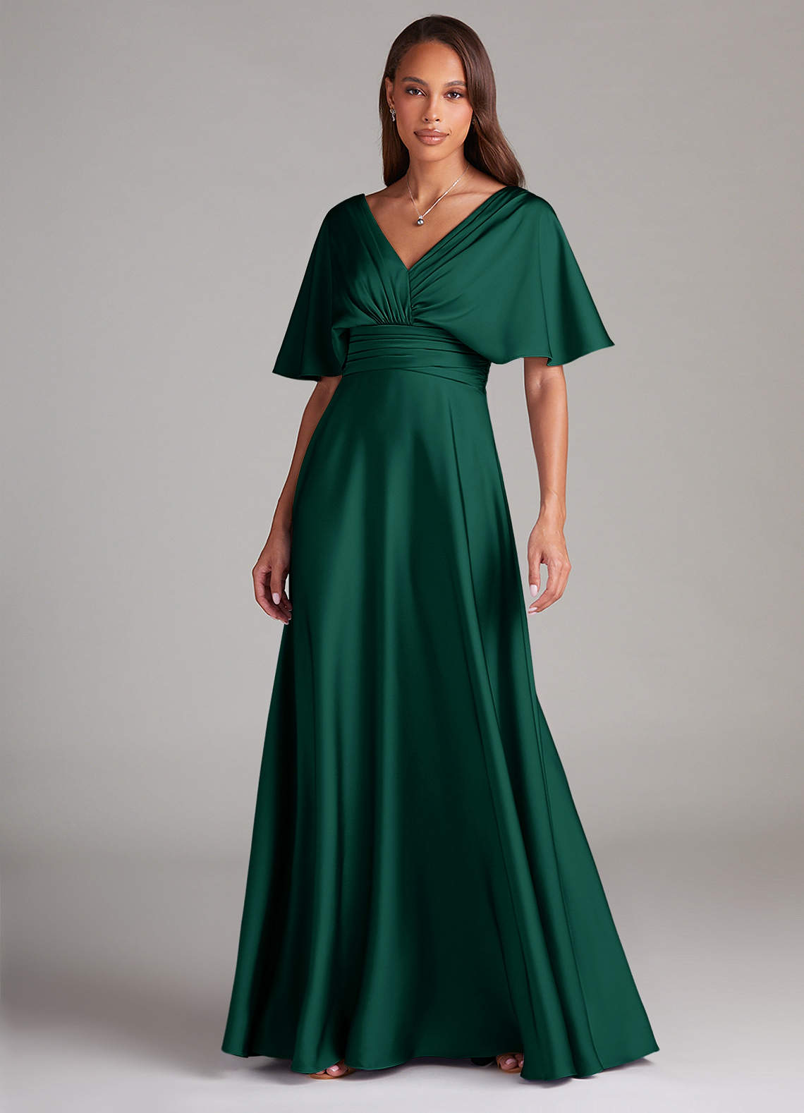 Azazie Pamela Vestidos de damas de honor Vestido de Esmeralda de Satén Elástico de Corte en A con Plisado image1