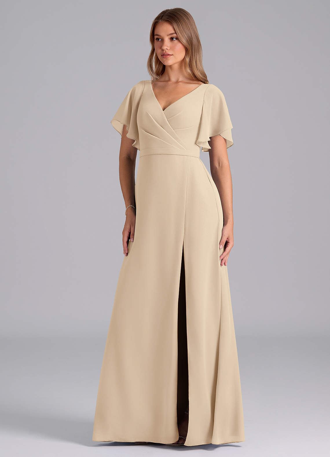 Azazie Ambrosia Bridesmaid Dresses Champagne A-Line Pleated Chiffon Dress image1