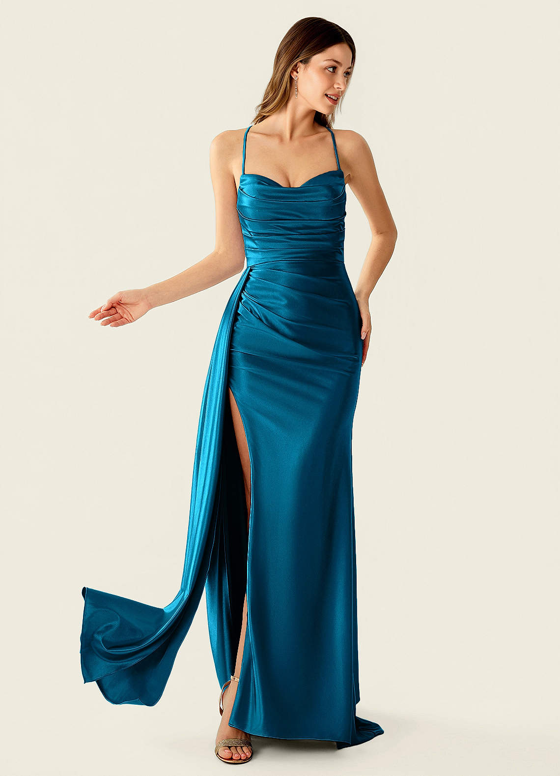 blue satin drape dress Prom Navy dress