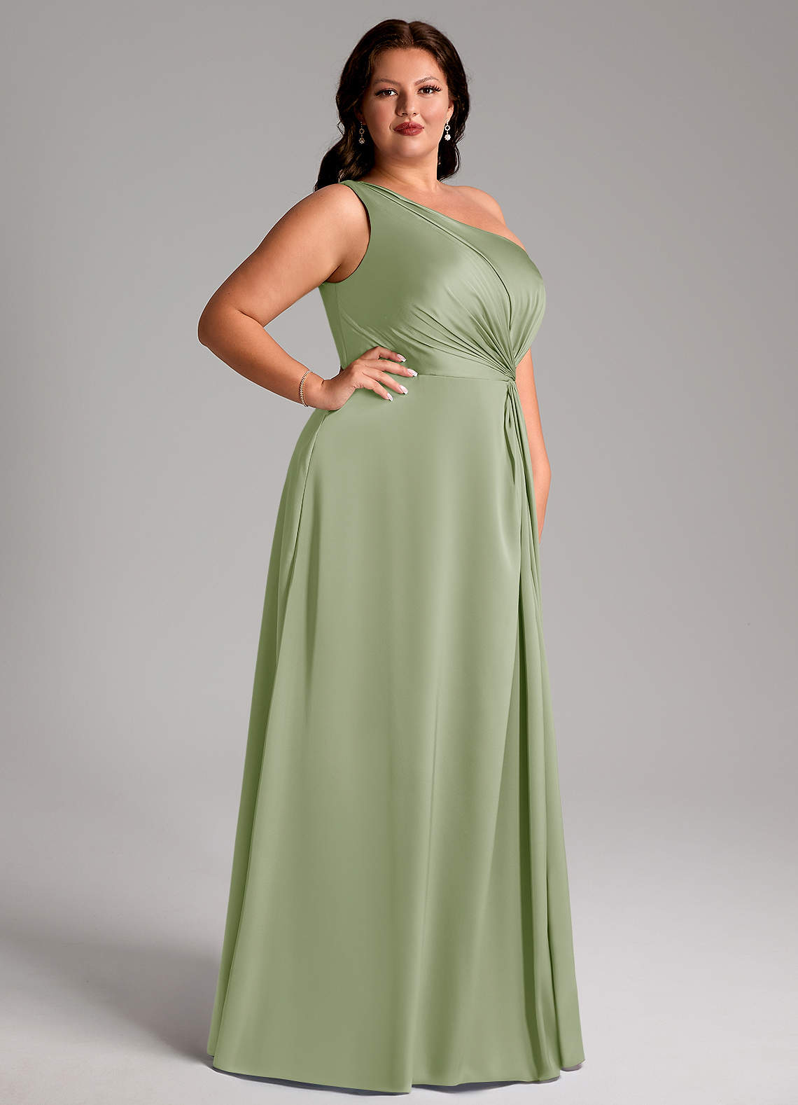 Azazie Brooke Bridesmaid Dresses Dusty Sage A-Line One Shoulder Stretch Satin Dress image9
