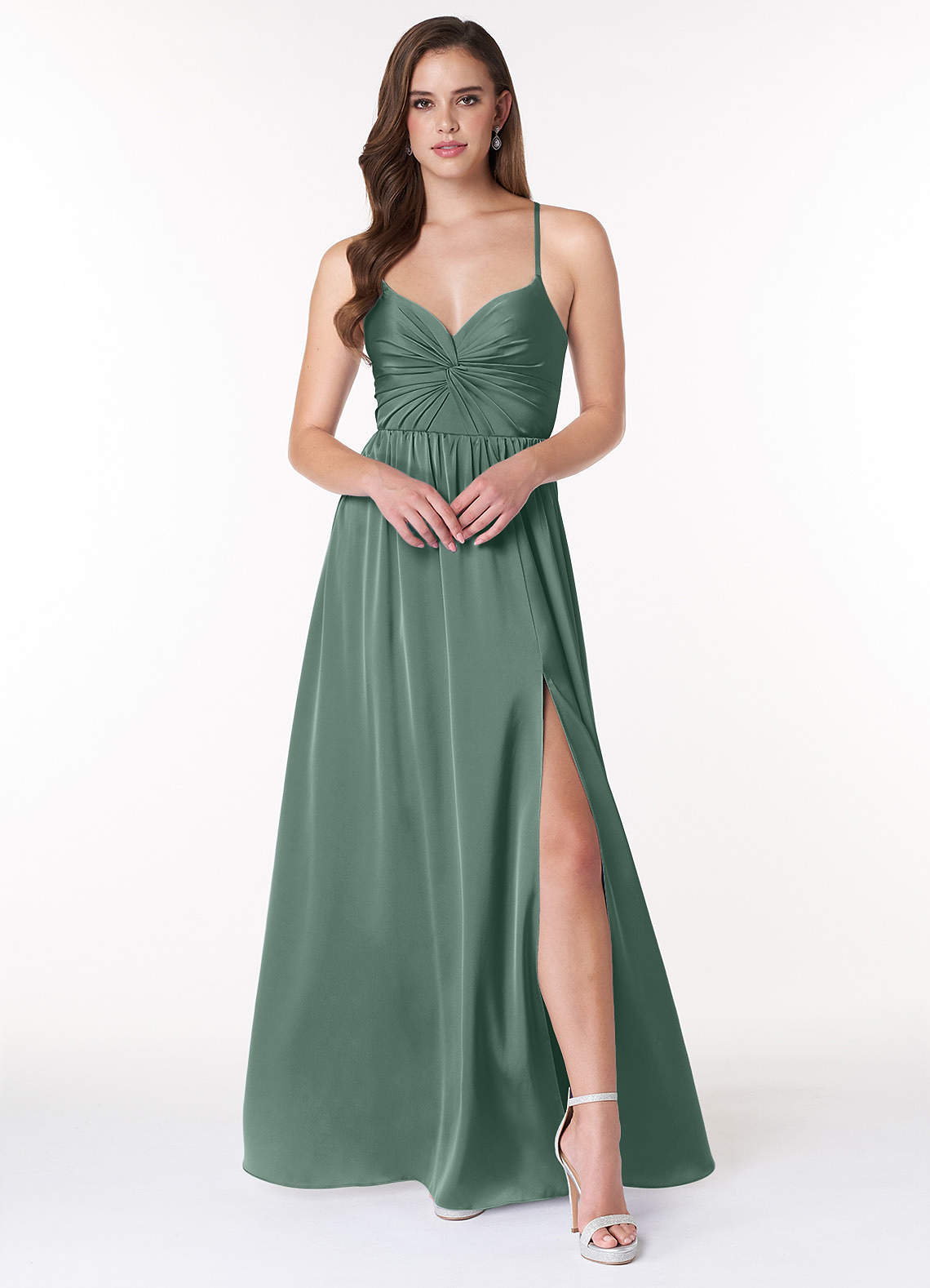 Azazie Raya Brautjungfernkleider A-Linie V-Hals Gefaltet Stretch-Satin Kleid Eukalyptus image1