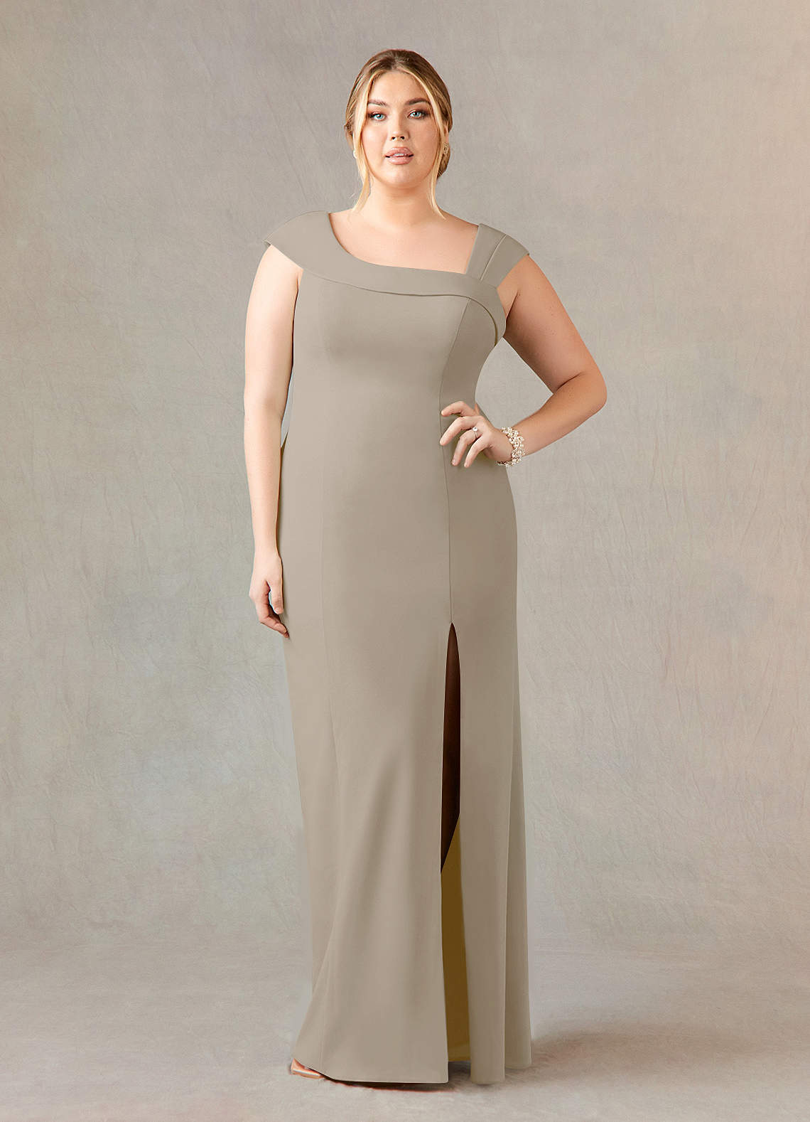 Azazie Ellen Mother of the Bride Dresses Taupe Sheath Side Slit Stretch Crepe Dress image1