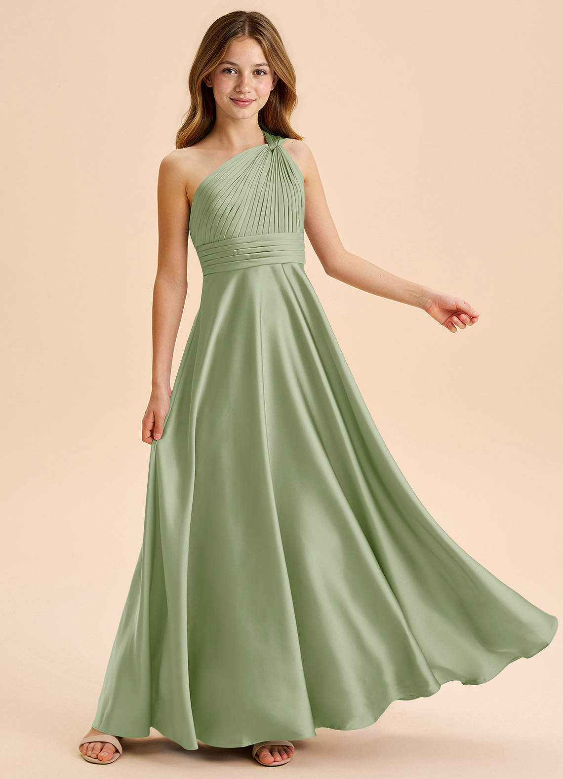 Azazie Charlize Junior Dusty Sage A-Line Pleated Stretch Satin Dress image4