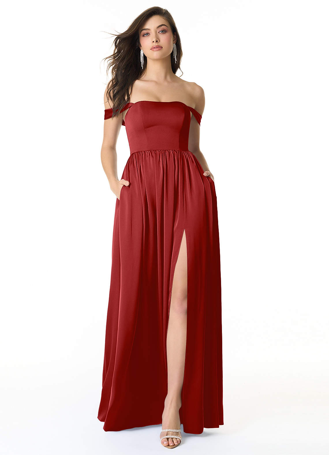 Azazie Morana Bridesmaid Dresses Pomegranate A-Line Off the Shoulder Stretch Satin Convertible Dress image1