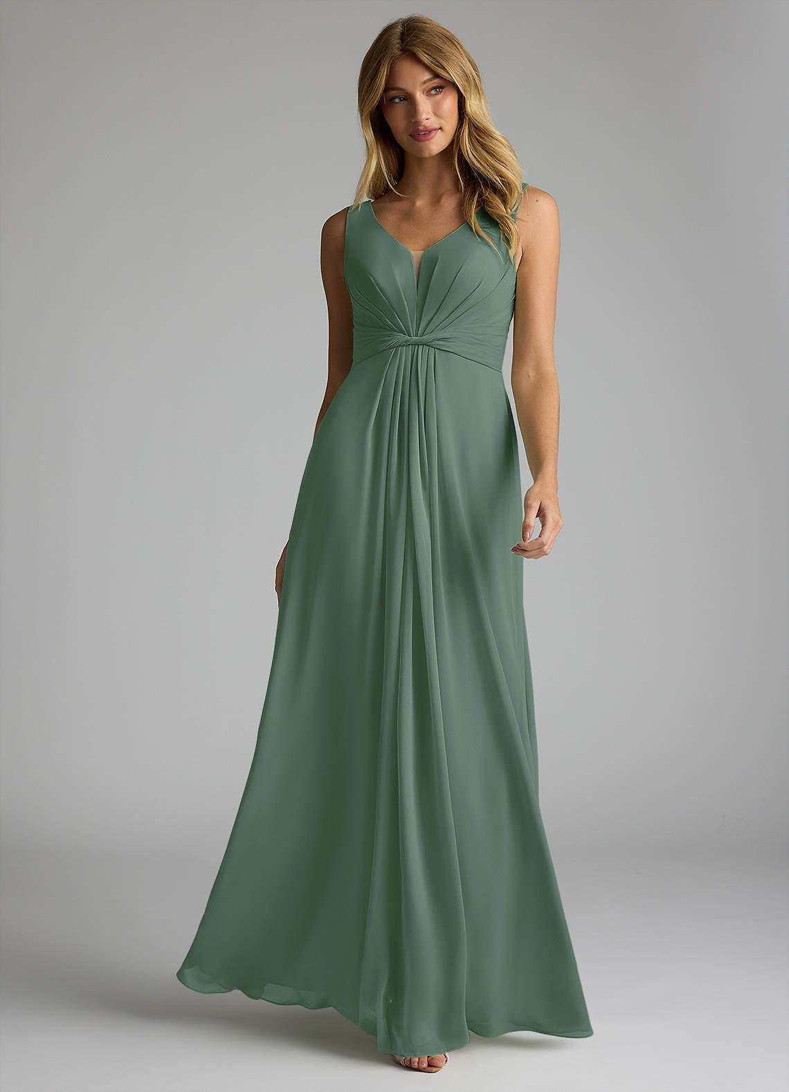 Azazie Gina Bridesmaid Dresses Eucalyptus A-Line V-Neck Pleated Chiffon Dress image1