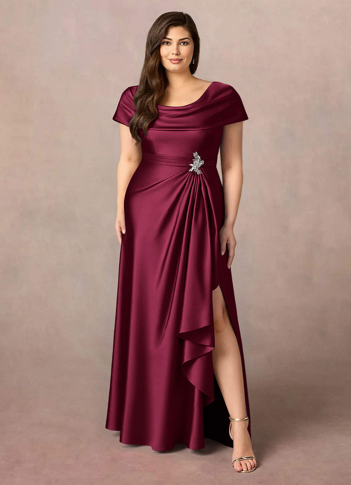 Azazie Branford Abiti per la Madre della Sposa Abito A-Line in Raso Elasticizzato Plissettato Borgogna image1