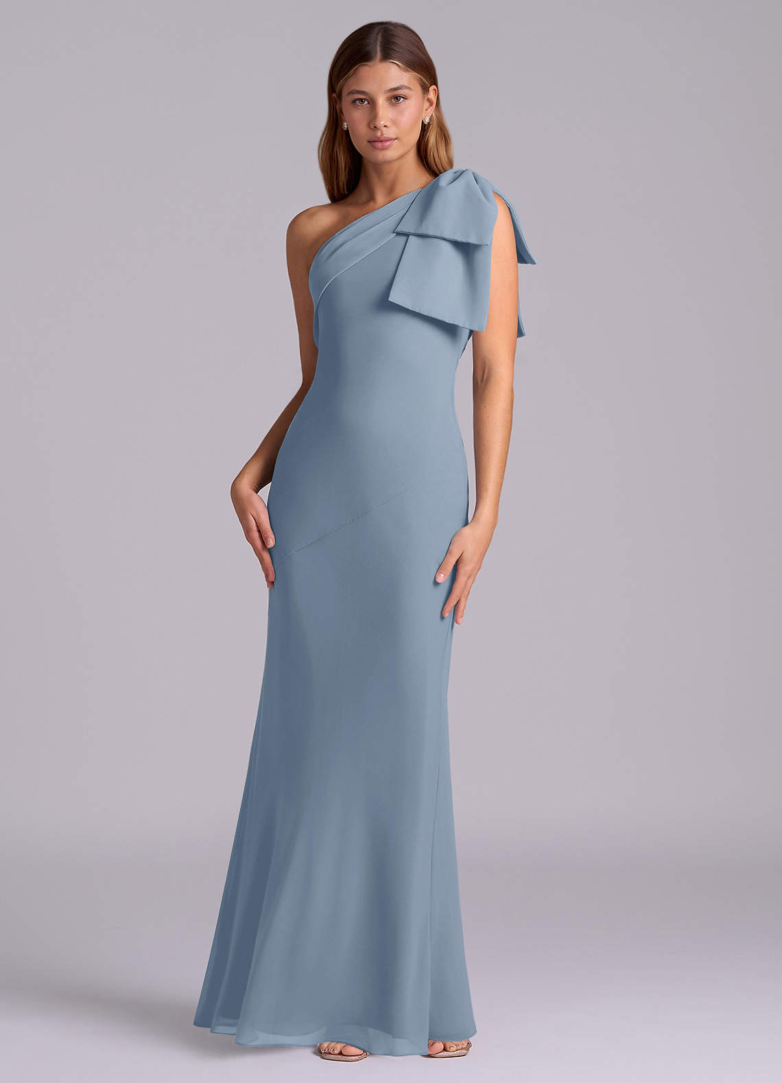 Azazie Yuanna At-home Try On Dresses Dusty Blue Mermaid One Shoulder Chiffon Dress image3